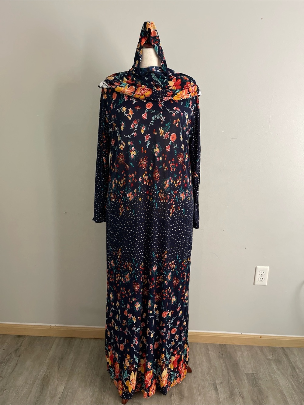 Floral Navy  prayer Maxi Dress with Hood